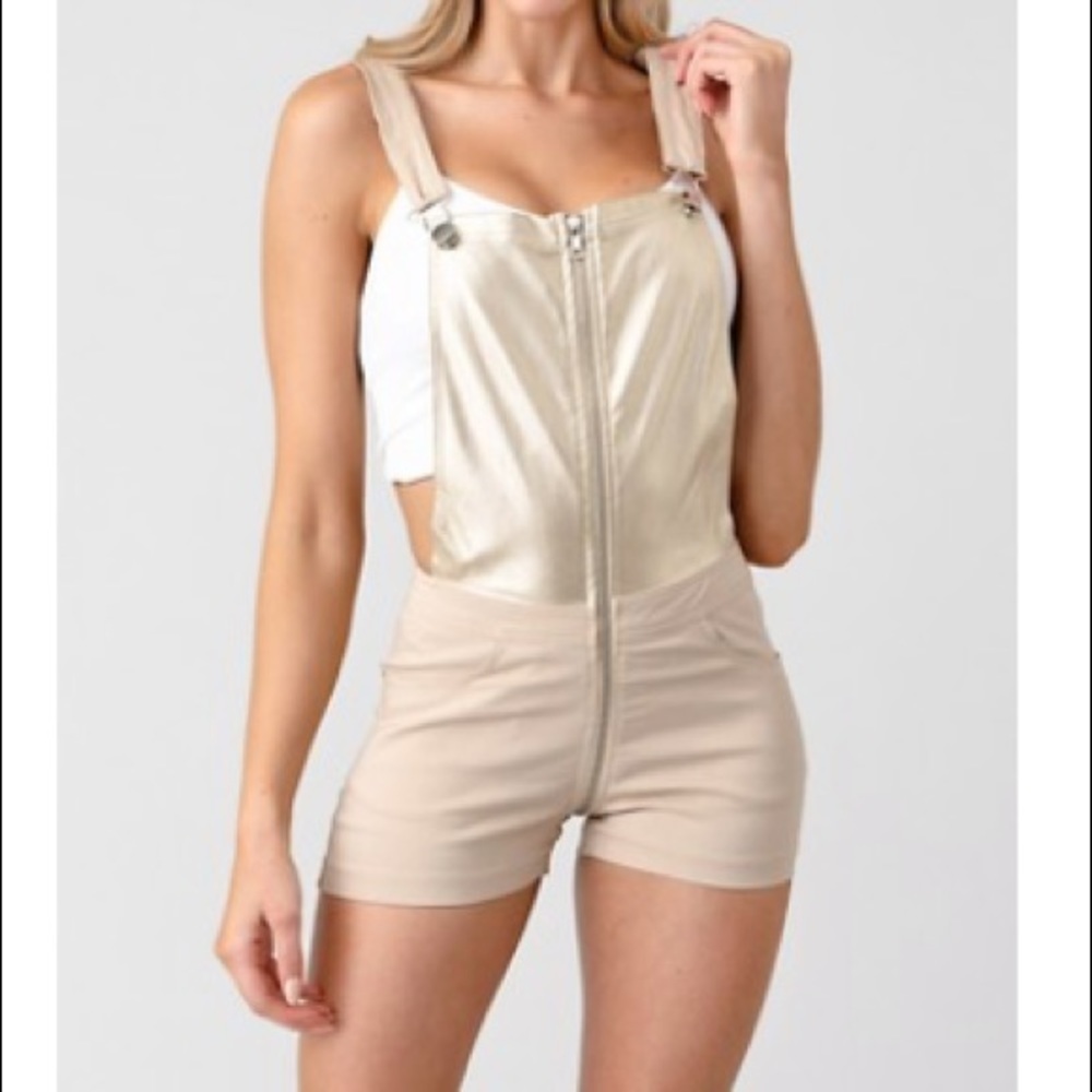 Stretchy Taupe Shiny Short Set Romper Outfit